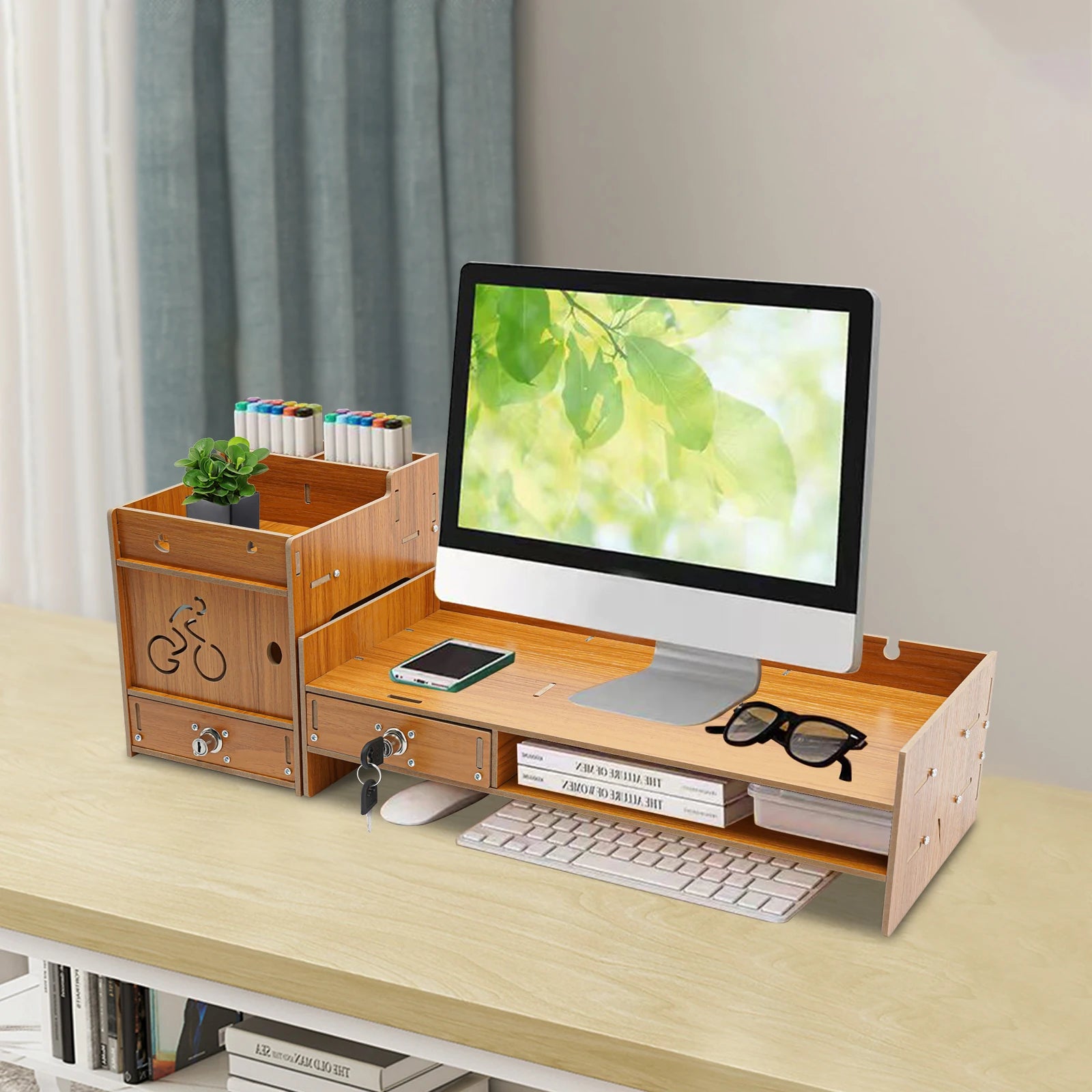 Stendyv Norden Two-Tier Wood Riser with Drawer — Stendyv Modern Desks & Workspace Accessories