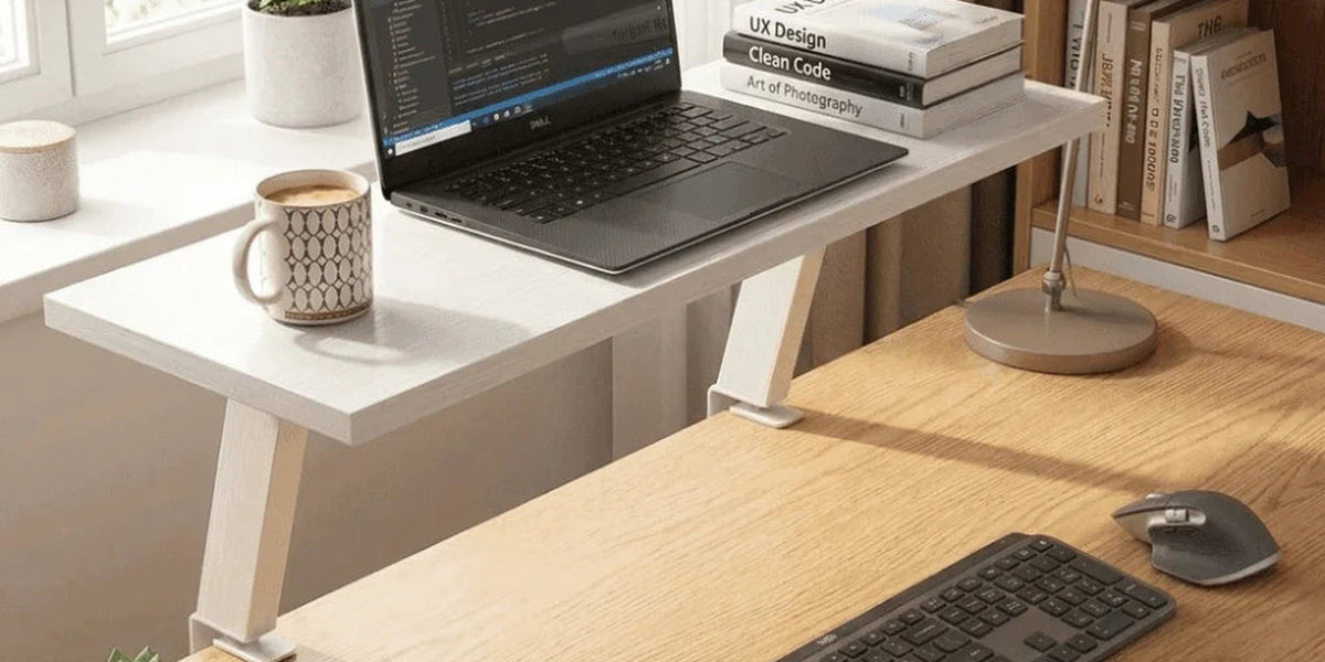 Stendyv desk setup with a monitor riser, keyboard and notebook